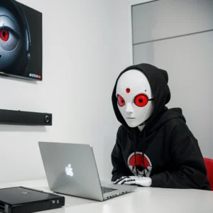 Robot hacker in een witte kamer
