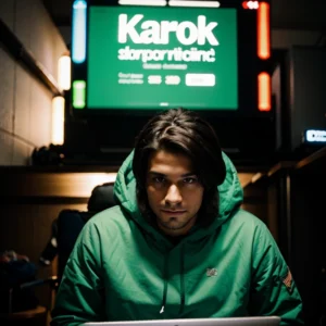 Hacker in een groene hoodie achter een laptop.